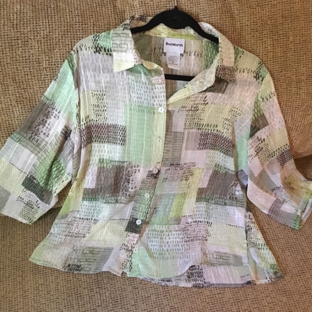 BONWORTH Green Silver Lightweight Collared Summer Blouse